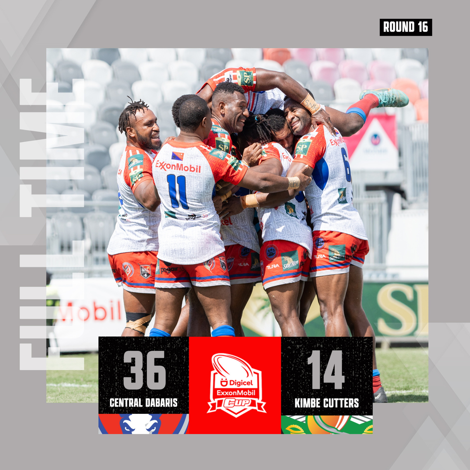 Game 1 of Round 16 of the 2023 Digicel ExxonMobil Cup today, sees the Central Dabaris Rugby League take the two points 36-14 over the Kimbe Cutters Digicel Cup Franchise at Santos